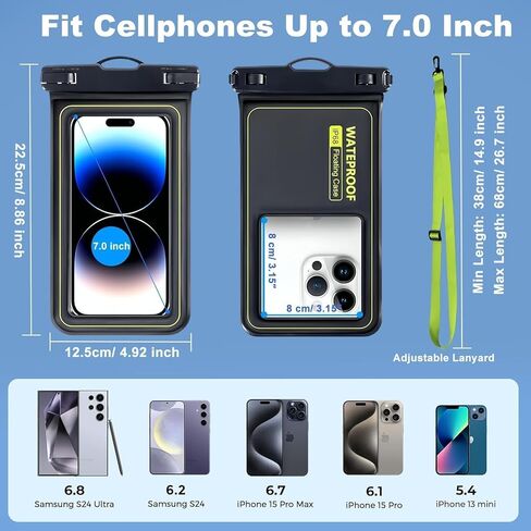حقيبة هاتف عائمة مقاومة للماء، حقيبة جافة للهاتف الخلوي، ملحقات أساسية للسفر على الشاطئ والقارب والقوارب والكاياك متوافقة مع iPhone 15 14 13 Pro Max حتى 7 بوصات، عبوة واحدة - أسود/أصفر عالي الوضوح in Kuwait