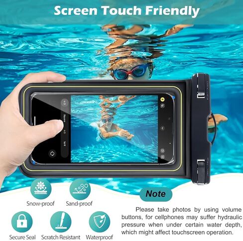 حقيبة هاتف عائمة مقاومة للماء، حقيبة جافة للهاتف الخلوي، ملحقات أساسية للسفر على الشاطئ والقارب والقوارب والكاياك متوافقة مع iPhone 15 14 13 Pro Max حتى 7 بوصات، عبوة واحدة - أسود/أصفر عالي الوضوح in Kuwait