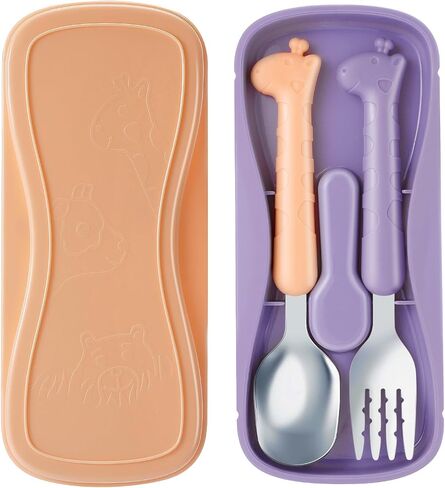 lohodo Toddler Utensils Kids Spoon and Fork Set 18/8 Stainless Steel Silverware BPA Free Pink & Purple Cute Giraffe Child Flatware with Travel Case for Age 3+ in Saudi Arabia