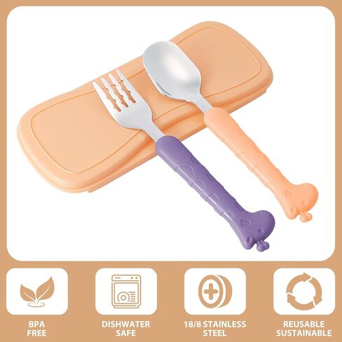 lohodo Toddler Utensils Kids Spoon and Fork Set 18/8 Stainless Steel Silverware BPA Free Pink & Purple Cute Giraffe Child Flatware with Travel Case for Age 3+ in Saudi Arabia