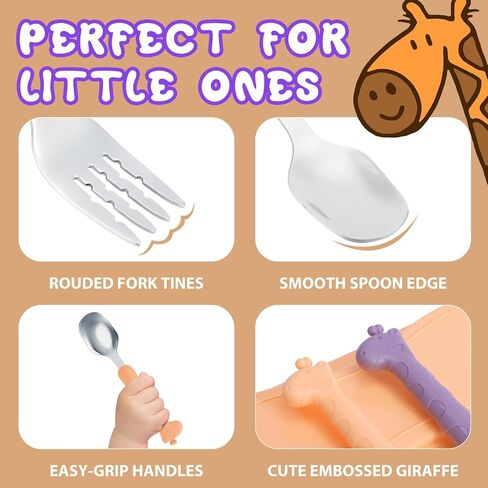 lohodo Toddler Utensils Kids Spoon and Fork Set 18/8 Stainless Steel Silverware BPA Free Pink & Purple Cute Giraffe Child Flatware with Travel Case for Age 3+ in Saudi Arabia