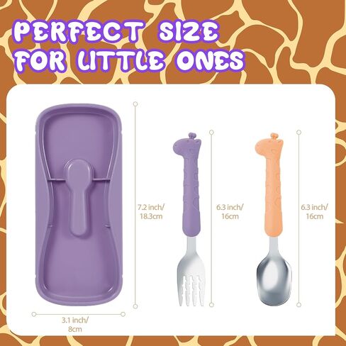 lohodo Toddler Utensils Kids Spoon and Fork Set 18/8 Stainless Steel Silverware BPA Free Pink & Purple Cute Giraffe Child Flatware with Travel Case for Age 3+ in Saudi Arabia