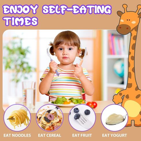 lohodo Toddler Utensils Kids Spoon and Fork Set 18/8 Stainless Steel Silverware BPA Free Pink & Purple Cute Giraffe Child Flatware with Travel Case for Age 3+ in Saudi Arabia