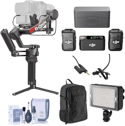 مثبت كاميرا DJI RS 4 Pro ثلاثي المحاور مع جهاز إرسال صور رونين ومحرك Focus Pro ومجموعة حامل الهاتف - حزمة مع ضوء LED وحقيبة ظهر وميكروفون DJI وميكروفون Lavalier ومجموعة التنظيف in Saudi Arabia
