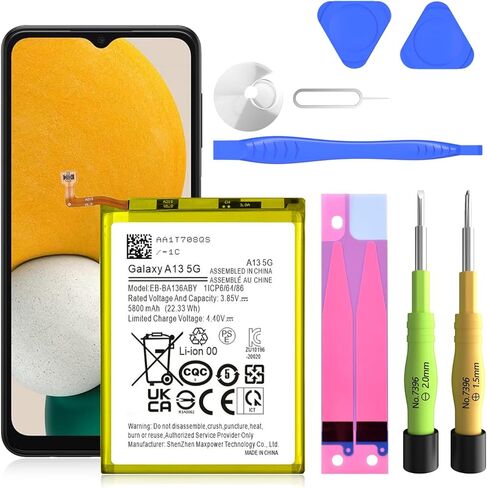 بطارية SHENMZ Galaxy A13، (2024 ترقية جديدة) بطارية بديلة 5800 مللي أمبير في الساعة EB-BA136ABY لهاتف Samsung Galaxy A13 5G SM-A136U SM-A136U1 SM-A136W مع مجموعة إصلاح أدوات الشريط اللاصق in Kuwait