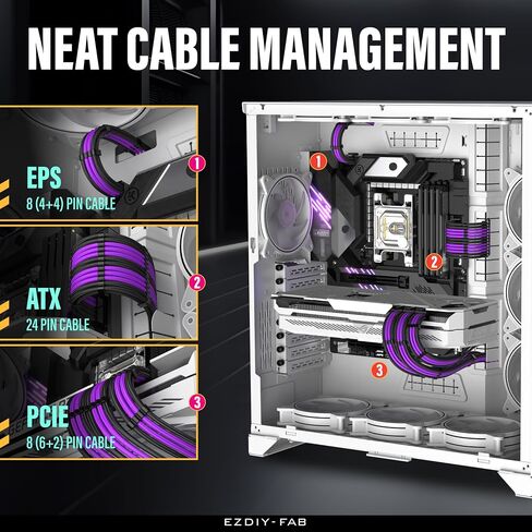 طقم تمديد كابل EZDIY-FAB PSU، كابل تمديد إمداد الطاقة 16AWG، 1x24Pin/2x4+4 EPS/3x6+2 PCI-E، كابل مخصص للكمبيوتر الشخصي 300 مم مع أمشاط - أسود أرجواني in Kuwait