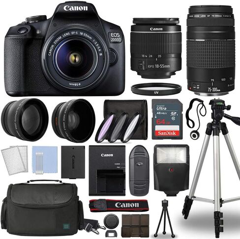 Canon Cameras EOS 2000D / Rebel T7 Digital SLR Camera w/Canon EF-S 18-55mm & 75-300mm Lens 4 DSLR Kit 64GB Complete Accessory Bundle + More- International Model (Renewed) in Saudi Arabia