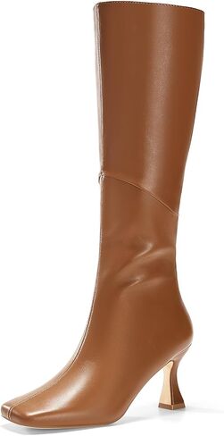 Coutgo Womens Kitten Heel Knee High Boots Wide Calf Square Toe Leather Boot Shoes with Zipper in Saudi Arabia