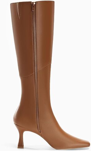 Coutgo Womens Kitten Heel Knee High Boots Wide Calf Square Toe Leather Boot Shoes with Zipper in Saudi Arabia