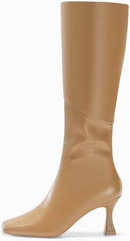 Coutgo Womens Kitten Heel Knee High Boots Wide Calf Square Toe Leather Boot Shoes with Zipper in Saudi Arabia