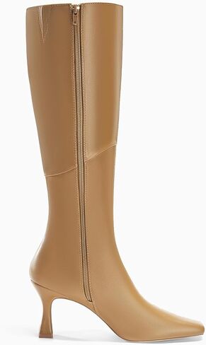 Coutgo Womens Kitten Heel Knee High Boots Wide Calf Square Toe Leather Boot Shoes with Zipper in Saudi Arabia