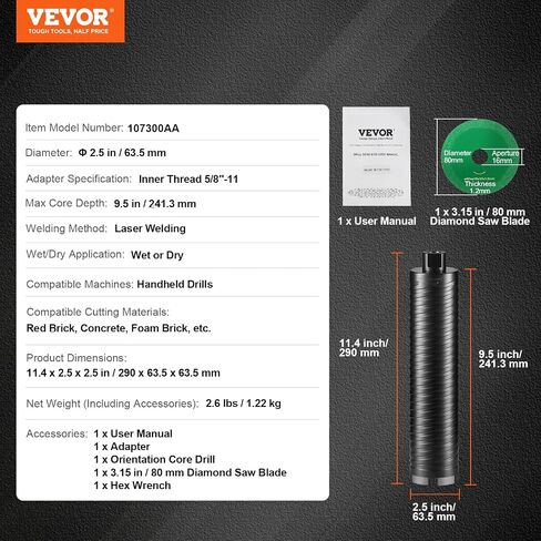 VEVOR Core Drill Bit, 2.5" Wet/Dry Diamond Core Drill Bits for Brick and Block, Concrete Core Drill Bit with Pilot Bit Adapter and Saw Blade, 9.5" Drilling Depth, 5/8"-11 Inner Thread, Laser Welding in Saudi Arabia