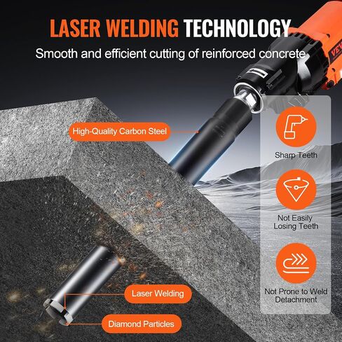 VEVOR Core Drill Bit, 2.5" Wet/Dry Diamond Core Drill Bits for Brick and Block, Concrete Core Drill Bit with Pilot Bit Adapter and Saw Blade, 9.5" Drilling Depth, 5/8"-11 Inner Thread, Laser Welding in Saudi Arabia
