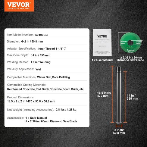 VEVOR Core Drill Bit, 2.5" Wet/Dry Diamond Core Drill Bits for Brick and Block, Concrete Core Drill Bit with Pilot Bit Adapter and Saw Blade, 9.5" Drilling Depth, 5/8"-11 Inner Thread, Laser Welding in Saudi Arabia