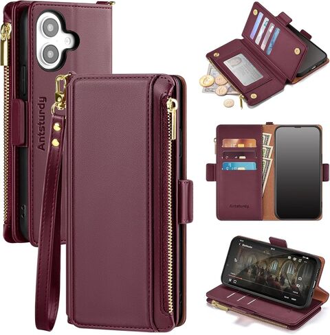 Antsturdy Compatible with iPhone 16 6.1" Wallet Case,RFID Blocking PU Leather Phone Case Women Men Kickstand flip Cover Wrist Strap Zipper Credit Card Holder Slots for Apple 16 6.1",Wine Red in Saudi Arabia