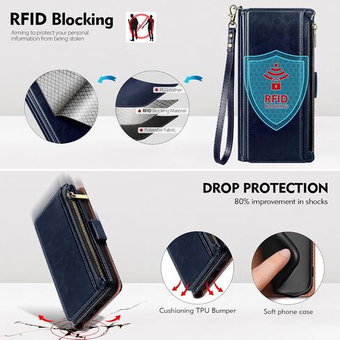 Antsturdy Compatible with iPhone 16 6.1" Wallet Case,RFID Blocking PU Leather Phone Case Women Men Kickstand flip Cover Wrist Strap Zipper Credit Card Holder Slots for Apple 16 6.1",Wine Red in Saudi Arabia