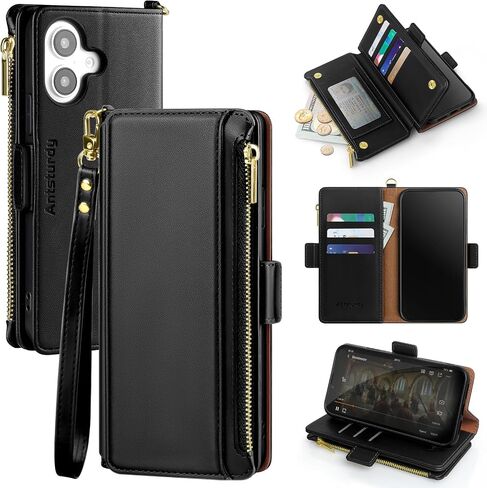 Antsturdy Compatible with iPhone 16 6.1" Wallet Case,RFID Blocking PU Leather Phone Case Women Men Kickstand flip Cover Wrist Strap Zipper Credit Card Holder Slots for Apple 16 6.1",Wine Red in Saudi Arabia