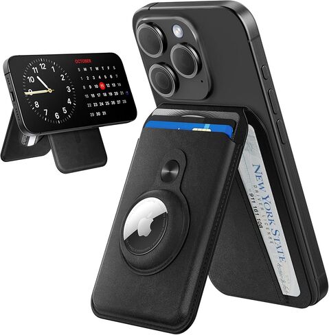 محفظة مغناطيسية لهاتف iPhone، حامل محفظة Magsafe مع حامل Airtag، حامل قابل للتعديل لهاتف iPhone 15/14/13/12،3 حامل بطاقات، جلد نباتي، حجب RFID (PRO، أسود) in Saudi Arabia