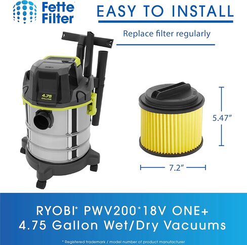فلتر Fette - فلتر بديل متوافق مع RYOBI PWV200 PWV201 PWV200B 18V ONE+ 4.75 Gal. مكنسة كهربائية رطبة/جافة، قارنها بالجزء رقم A32RF03N. عبوة من 2 in Kuwait