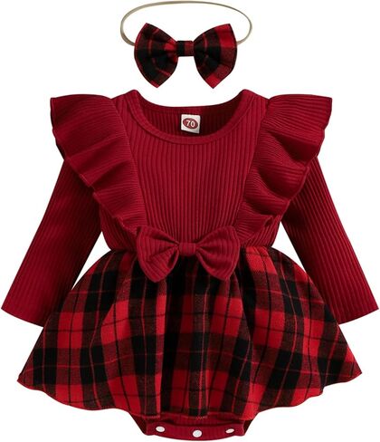 Infant Baby Girl Fall Winter Clothes Long Sleeve Plaid Romper Dress Bodysuit with Headband Set Newborn Outfits in Saudi Arabia
