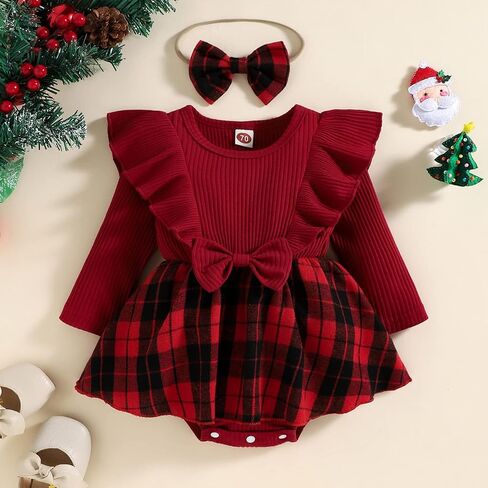 Infant Baby Girl Fall Winter Clothes Long Sleeve Plaid Romper Dress Bodysuit with Headband Set Newborn Outfits in Saudi Arabia