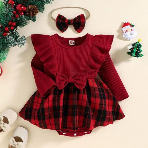 Infant Baby Girl Fall Winter Clothes Long Sleeve Plaid Romper Dress Bodysuit with Headband Set Newborn Outfits in Saudi Arabia