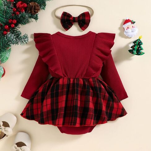 Infant Baby Girl Fall Winter Clothes Long Sleeve Plaid Romper Dress Bodysuit with Headband Set Newborn Outfits in Saudi Arabia