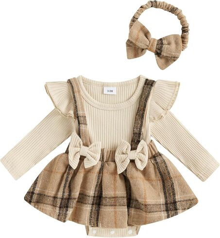 Infant Baby Girl Fall Winter Clothes Long Sleeve Plaid Romper Dress Bodysuit with Headband Set Newborn Outfits in Saudi Arabia