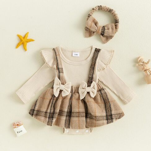 Infant Baby Girl Fall Winter Clothes Long Sleeve Plaid Romper Dress Bodysuit with Headband Set Newborn Outfits in Saudi Arabia