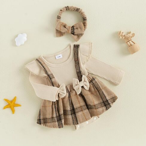 Infant Baby Girl Fall Winter Clothes Long Sleeve Plaid Romper Dress Bodysuit with Headband Set Newborn Outfits in Saudi Arabia
