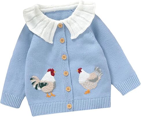 Baby Girl Sweater Cardigan Rooster Embroidery Doll Collar Long Sleeve Button Down Tops Fall Winter Cute Clothes in Saudi Arabia