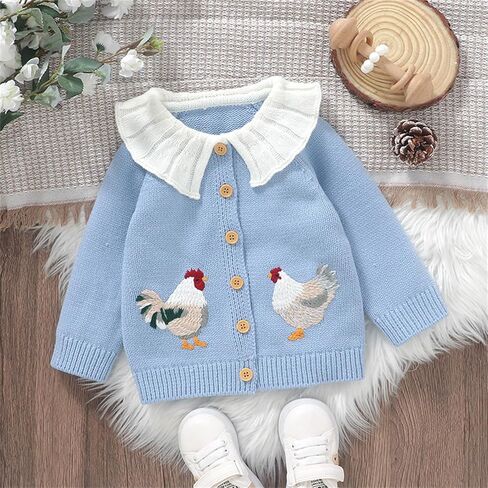 Baby Girl Sweater Cardigan Rooster Embroidery Doll Collar Long Sleeve Button Down Tops Fall Winter Cute Clothes in Saudi Arabia