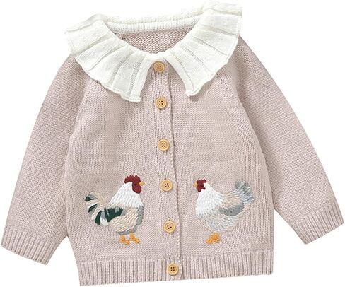 Baby Girl Sweater Cardigan Rooster Embroidery Doll Collar Long Sleeve Button Down Tops Fall Winter Cute Clothes in Saudi Arabia