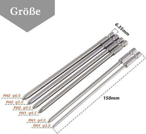 6 قطع من رؤوس مفك البراغي ذات الفتحة المتقاطعة المغناطيسية الطويلة من Fixinus، مجموعة رؤوس مفك براغي من الفولاذ S2 مقاس 1/4 بوصة S2 أداة للمفك الكهربائي اليدوي PH1 PH2-150 مم in Kuwait