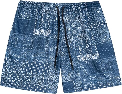 BOOMLEMON شورت رجالي شبكي بيزلي شورت ريترو جرافيك مطبوع غير رسمي باندانا بوهو كرة السلة ملابس الشارع الشهير سراويل قصيرة in Kuwait