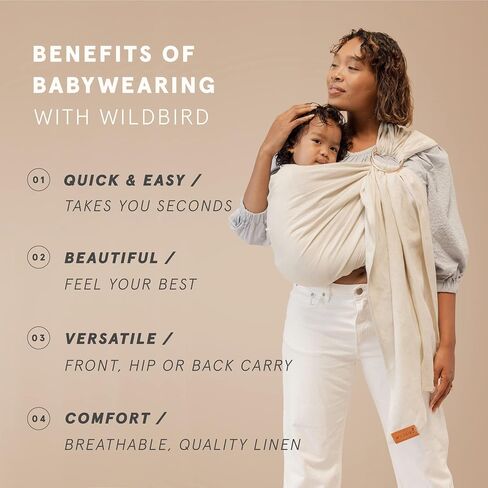 WildBird Ring Sling Baby Carrier for New Moms & Dads & Caregivers - Made from 100% Belgium Linen - for Newborns to Toddlers Up to 35 lbs - Long 90" Size (Sparrow Fabric/Bronze Ring) in Kuwait