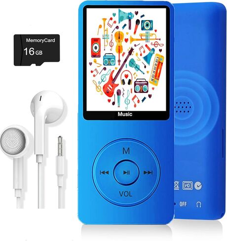 مشغل MP3، مشغل موسيقى مع بطاقة Micro SD سعة 16 جيجابايت، مكبر صوت مدمج/صور/تشغيل فيديو/راديو FM/مسجل صوت/قارئ الكتب الإلكترونية، يدعم حتى 128 جيجابايت in Kuwait