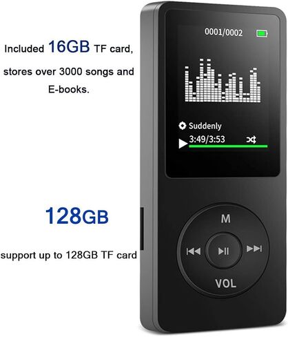 مشغل MP3، مشغل موسيقى مع بطاقة Micro SD سعة 16 جيجابايت، مكبر صوت مدمج/صور/تشغيل فيديو/راديو FM/مسجل صوت/قارئ الكتب الإلكترونية، يدعم حتى 128 جيجابايت in Kuwait
