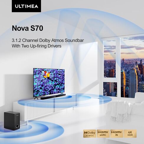 شريط صوت ULTIMEA 3.1.2Ch مع Dolby Atmos للتلفزيون الذكي، ومشغلين للتشغيل العلوي، ومكبر صوت بقدرة 390 وات مع مضخم صوت، وممر 4K HDR، ومدخل HDMI/eARC، وNova S70، 2024 موديل جديد in Saudi Arabia