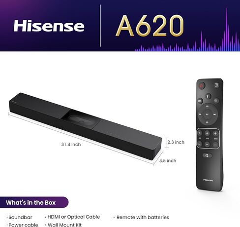 Hisense A620 2.1ch All-in-one Sound Bar with Built-in Subwoofer, 240W, DTS Virtual: X, Dolby Dightal Plus, Bluetooth 5.3, Roku TV Ready, HDMI ARC/AUX/USB, Ez Play, Black (A620, 2024 Model) in Kuwait