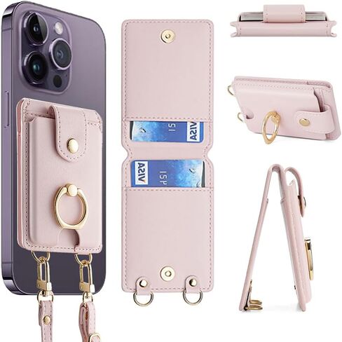 DOB SECHS Phone Wallet Stick on, Strong Adhesive Slim Credit Card Holder Sleeve for Cellphone with Detachable Crossbody Strap, Cell Phone Grip Ring Stand Compatible with Most Smartphones, Black in Saudi Arabia