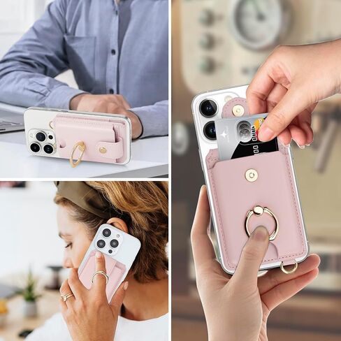 DOB SECHS Phone Wallet Stick on, Strong Adhesive Slim Credit Card Holder Sleeve for Cellphone with Detachable Crossbody Strap, Cell Phone Grip Ring Stand Compatible with Most Smartphones, Black in Saudi Arabia