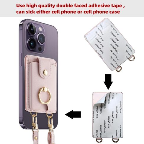 DOB SECHS Phone Wallet Stick on, Strong Adhesive Slim Credit Card Holder Sleeve for Cellphone with Detachable Crossbody Strap, Cell Phone Grip Ring Stand Compatible with Most Smartphones, Black in Saudi Arabia