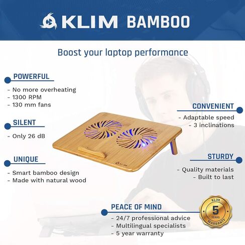 KLIM Bamboo - وسادة تبريد للكمبيوتر المحمول - إصدار جديد - سرعة قابلة للتعديل - حامل تبريد مع مراوح وهيكل من الخيزران، لأجهزة الكمبيوتر المحمولة التي يتراوح حجمها بين 10 بوصات و15,6 بوصة - منفذ USB إضافي in Kuwait