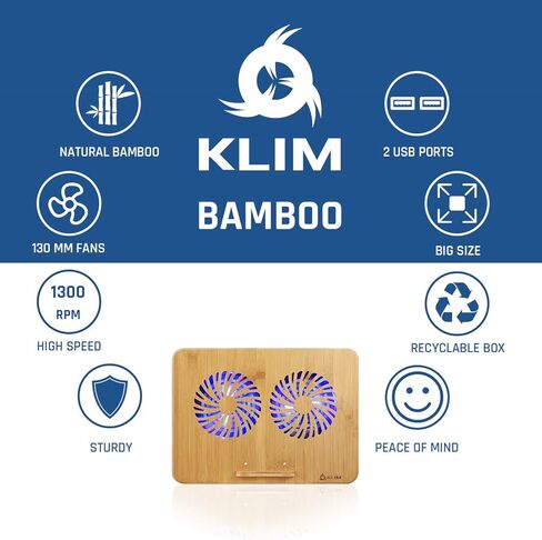 KLIM Bamboo - وسادة تبريد للكمبيوتر المحمول - إصدار جديد - سرعة قابلة للتعديل - حامل تبريد مع مراوح وهيكل من الخيزران، لأجهزة الكمبيوتر المحمولة التي يتراوح حجمها بين 10 بوصات و15,6 بوصة - منفذ USB إضافي in Kuwait