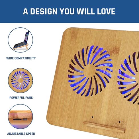 KLIM Bamboo - وسادة تبريد للكمبيوتر المحمول - إصدار جديد - سرعة قابلة للتعديل - حامل تبريد مع مراوح وهيكل من الخيزران، لأجهزة الكمبيوتر المحمولة التي يتراوح حجمها بين 10 بوصات و15,6 بوصة - منفذ USB إضافي in Kuwait