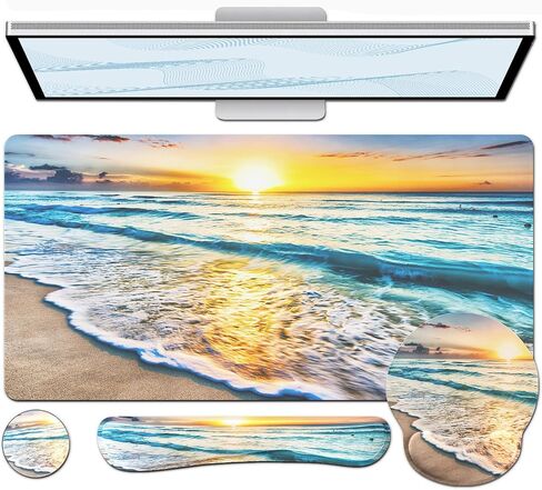 4 in 1 Mouse Pad and Keyboard Wrist Rest Set, Waterproof Desk Mat + Memory Foam Keyboard Pad + Mouse Pad with Wrist Rest + Coaster, Ergonomic Design Mousepad Set for Computer Office Table Decor, Beach in Saudi Arabia