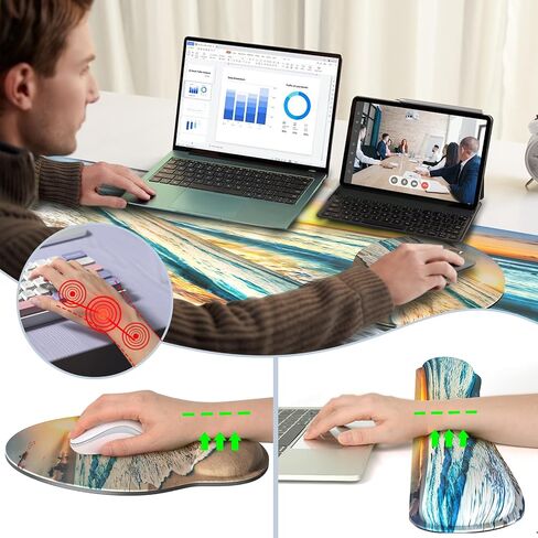 4 in 1 Mouse Pad and Keyboard Wrist Rest Set, Waterproof Desk Mat + Memory Foam Keyboard Pad + Mouse Pad with Wrist Rest + Coaster, Ergonomic Design Mousepad Set for Computer Office Table Decor, Beach in Saudi Arabia
