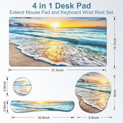 4 in 1 Mouse Pad and Keyboard Wrist Rest Set, Waterproof Desk Mat + Memory Foam Keyboard Pad + Mouse Pad with Wrist Rest + Coaster, Ergonomic Design Mousepad Set for Computer Office Table Decor, Beach in Saudi Arabia