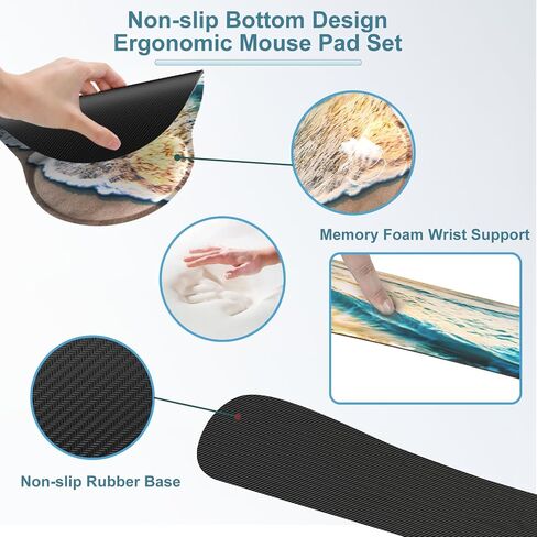 4 in 1 Mouse Pad and Keyboard Wrist Rest Set, Waterproof Desk Mat + Memory Foam Keyboard Pad + Mouse Pad with Wrist Rest + Coaster, Ergonomic Design Mousepad Set for Computer Office Table Decor, Beach in Saudi Arabia